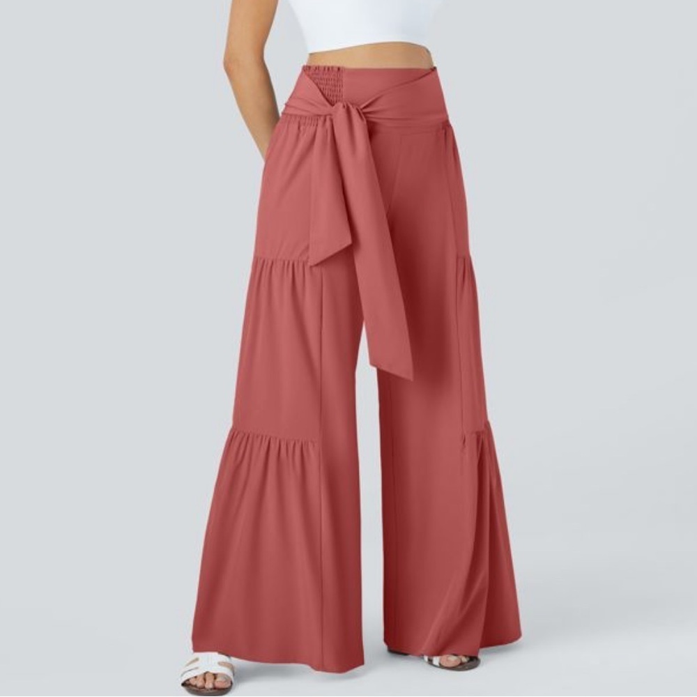 New Halara Breezeful High Waist Shirred Tie Wide Leg Pants Flame Red